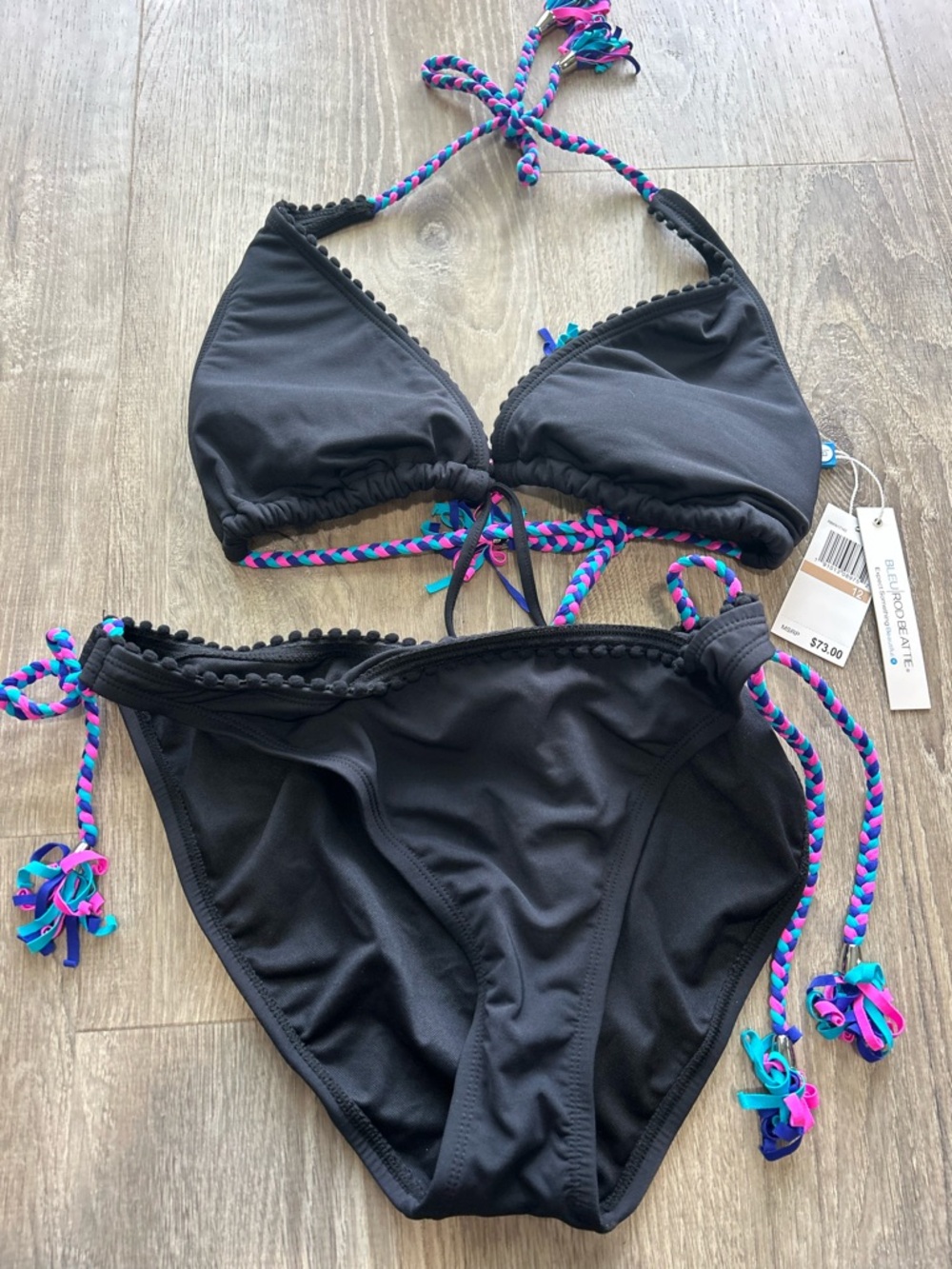 Bleu Rod Beattie Black Bikini with Pink & Blue Braided Ties, size 12, 10